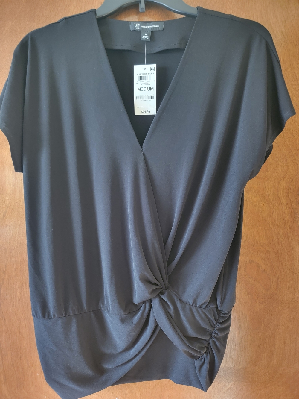 INC International Concepts Black Twist-Knot V-Neck Blouse